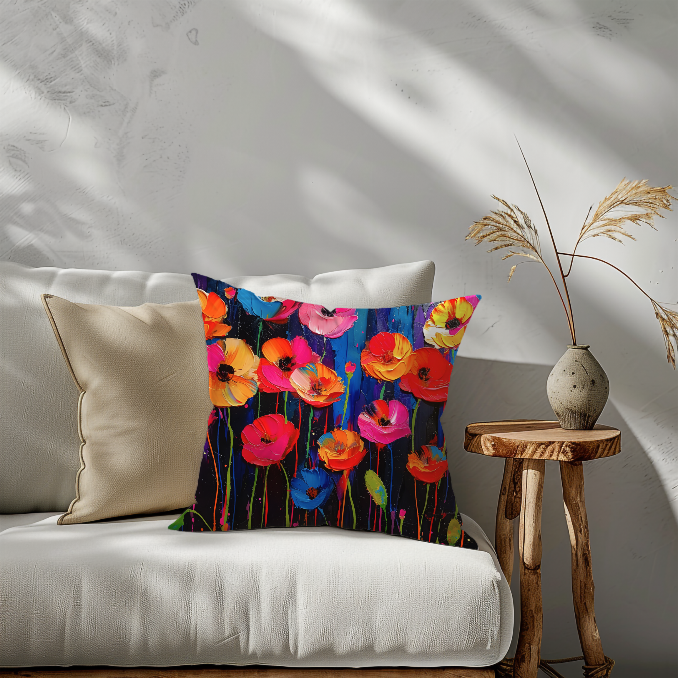 The Rising Poppies: Enchanting Colorful Poppies Pillow Cover