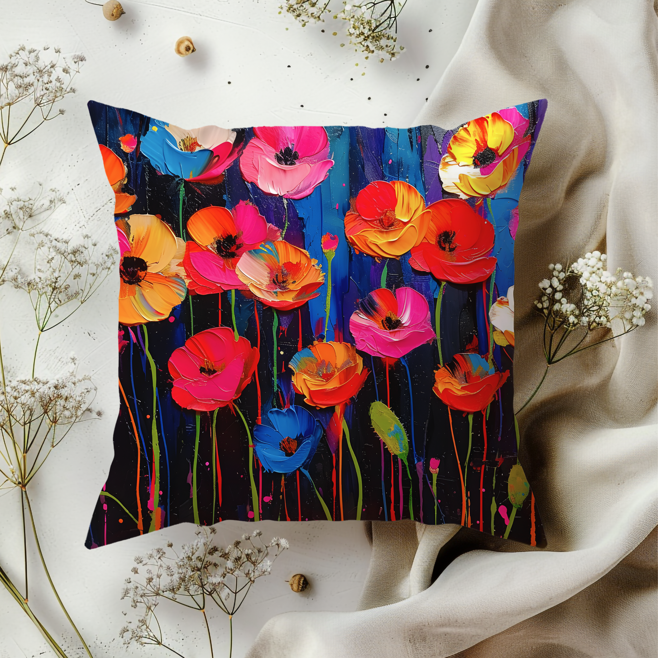 The Rising Poppies: Enchanting Colorful Poppies Pillow Cover