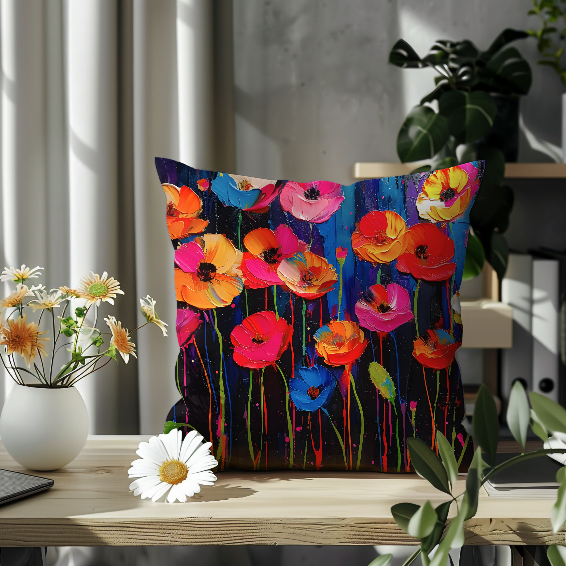 The Rising Poppies: Enchanting Colorful Poppies Pillow Cover