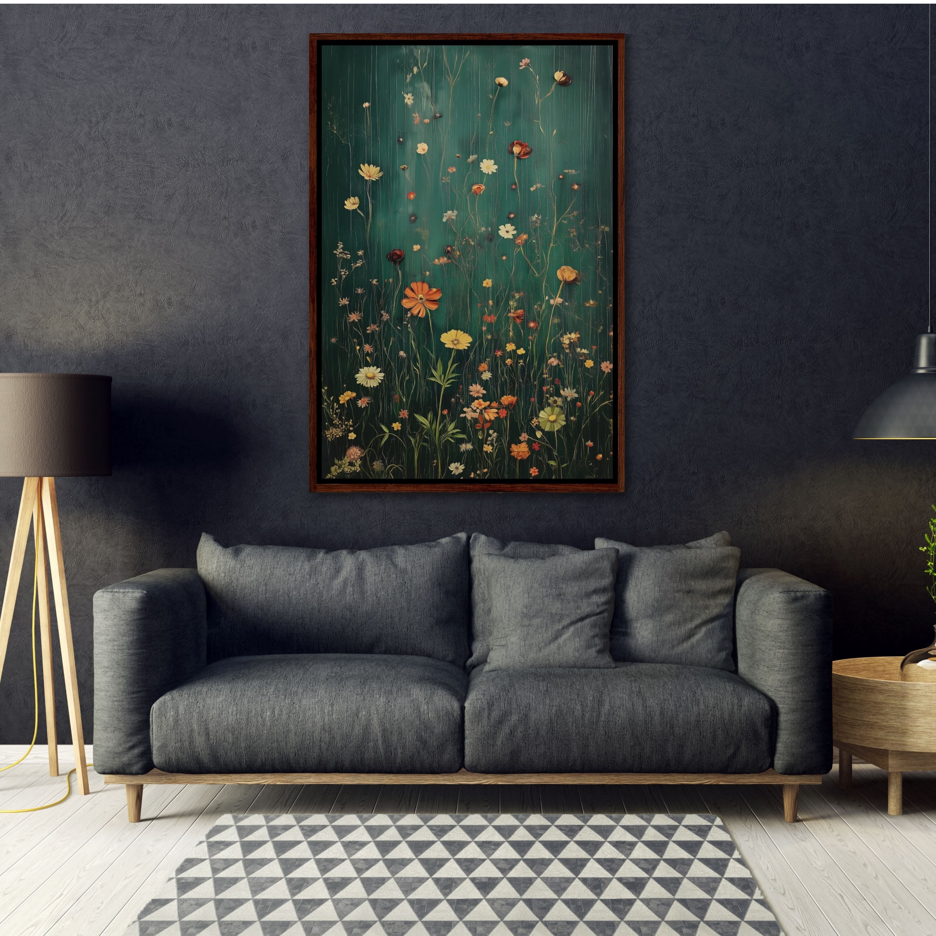 Framed Canvas Wall Art With Wildflowers in Dark Green