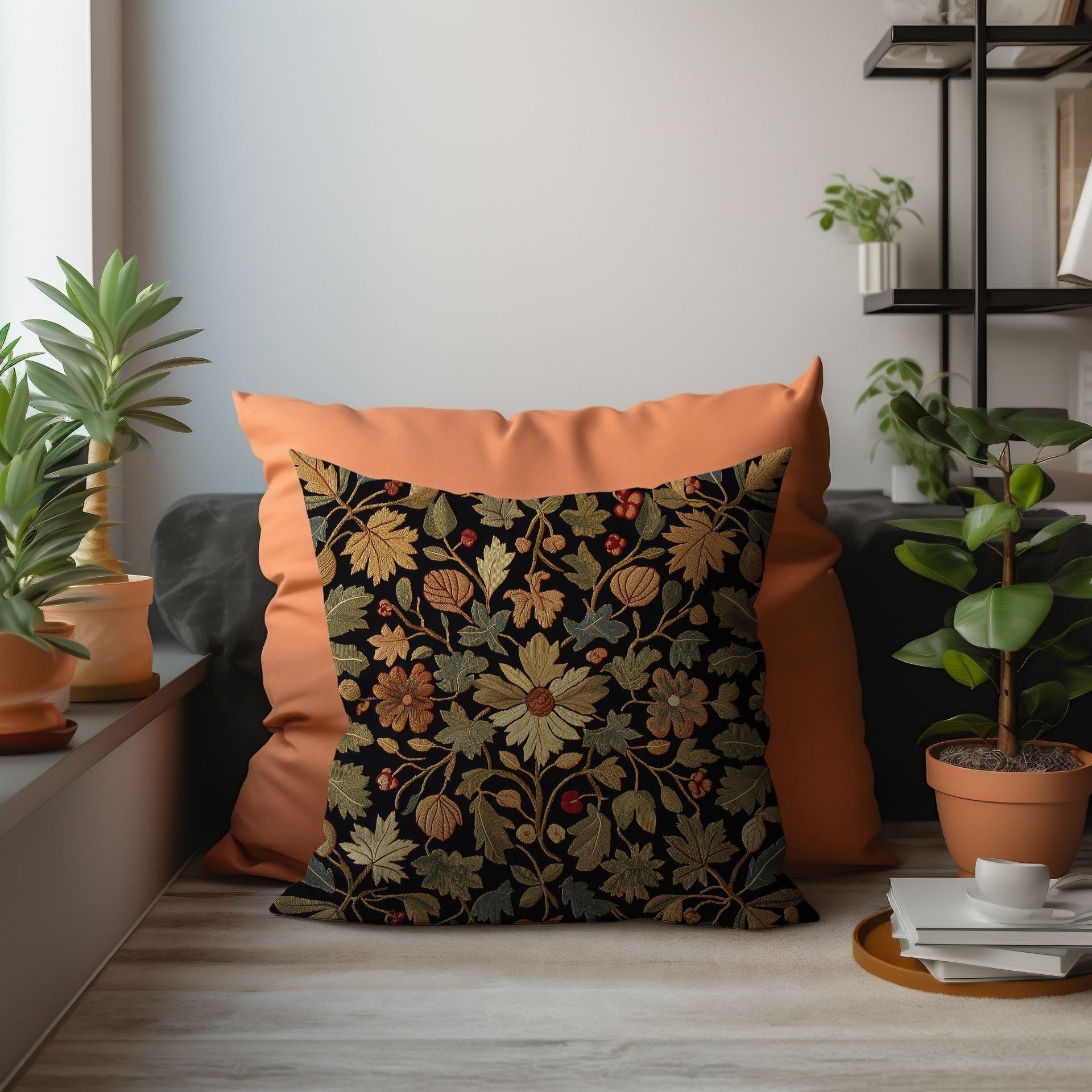 Autumn Elegance: Cozy Floral Pillow Cover with Gold & Olive Accent