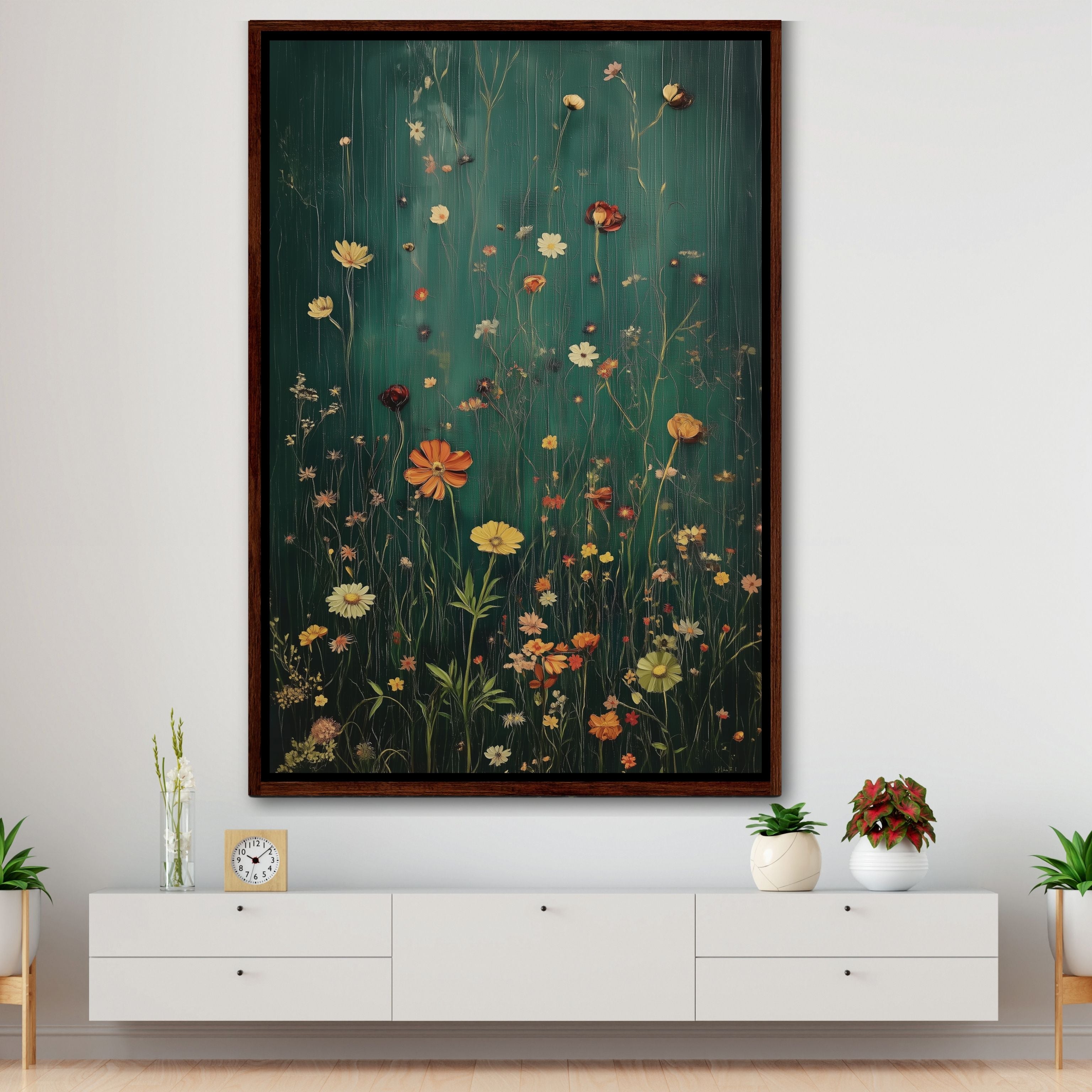 Framed Canvas Wall Art With Wildflowers in Dark Green