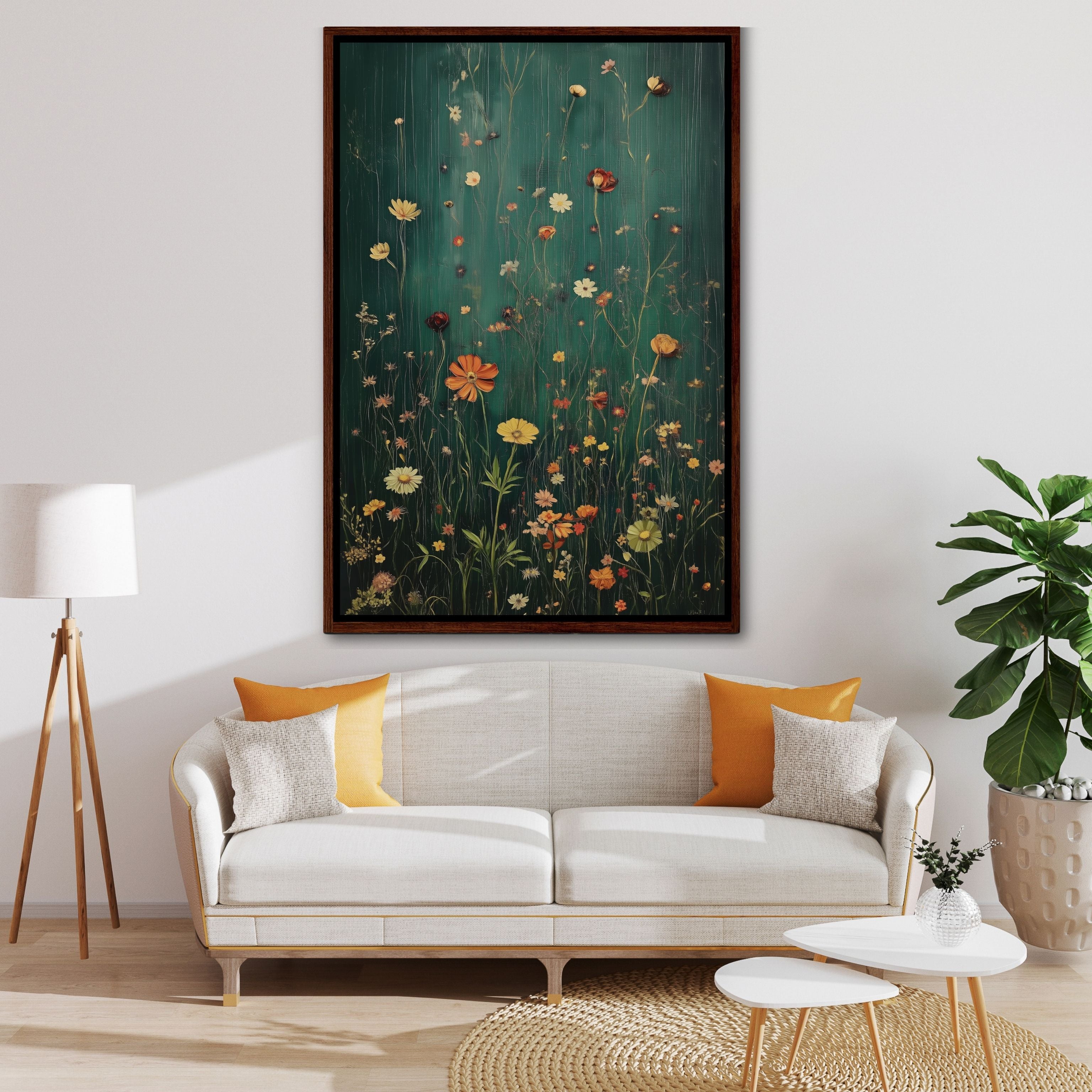 Framed Canvas Wall Art With Wildflowers in Dark Green