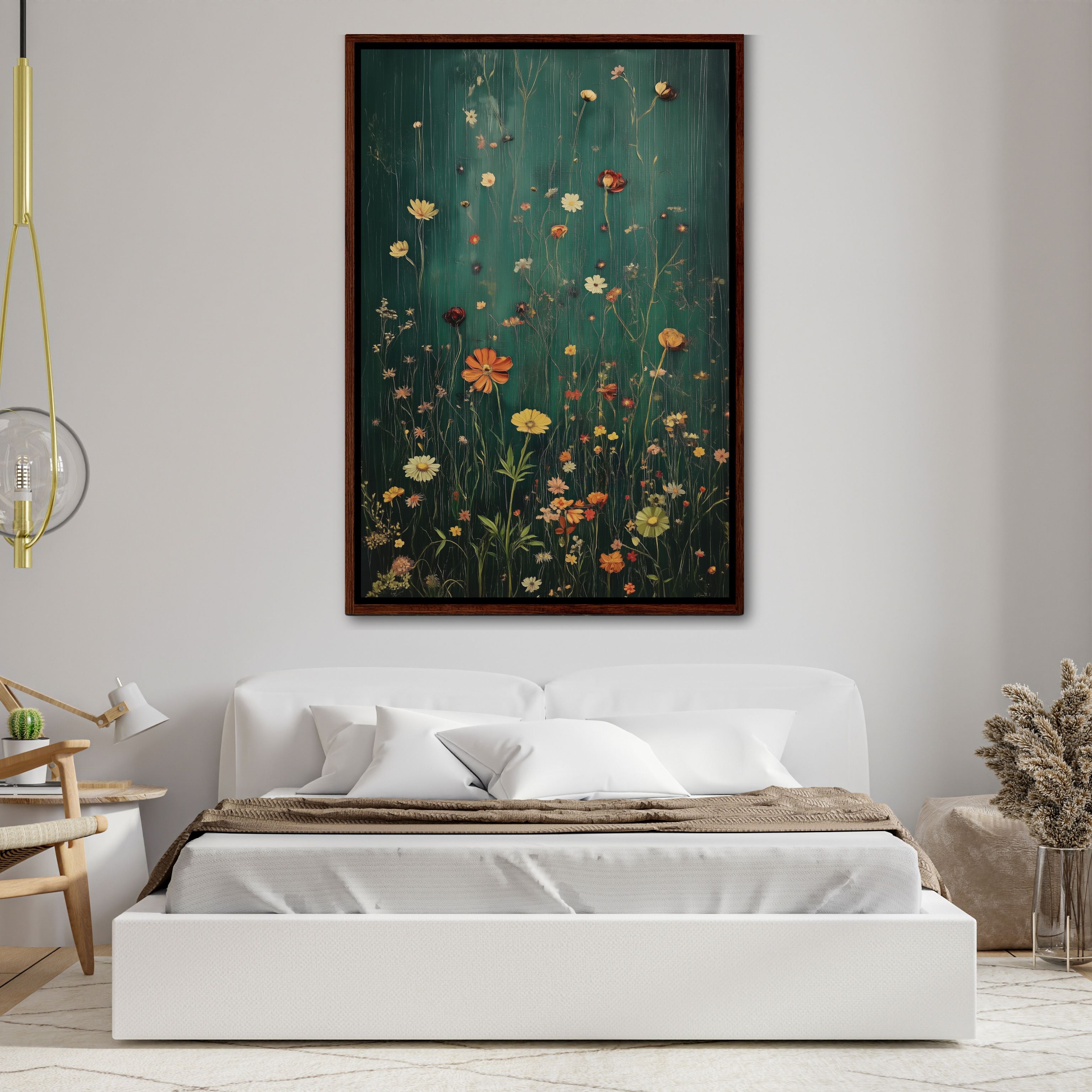 Framed Canvas Wall Art With Wildflowers in Dark Green