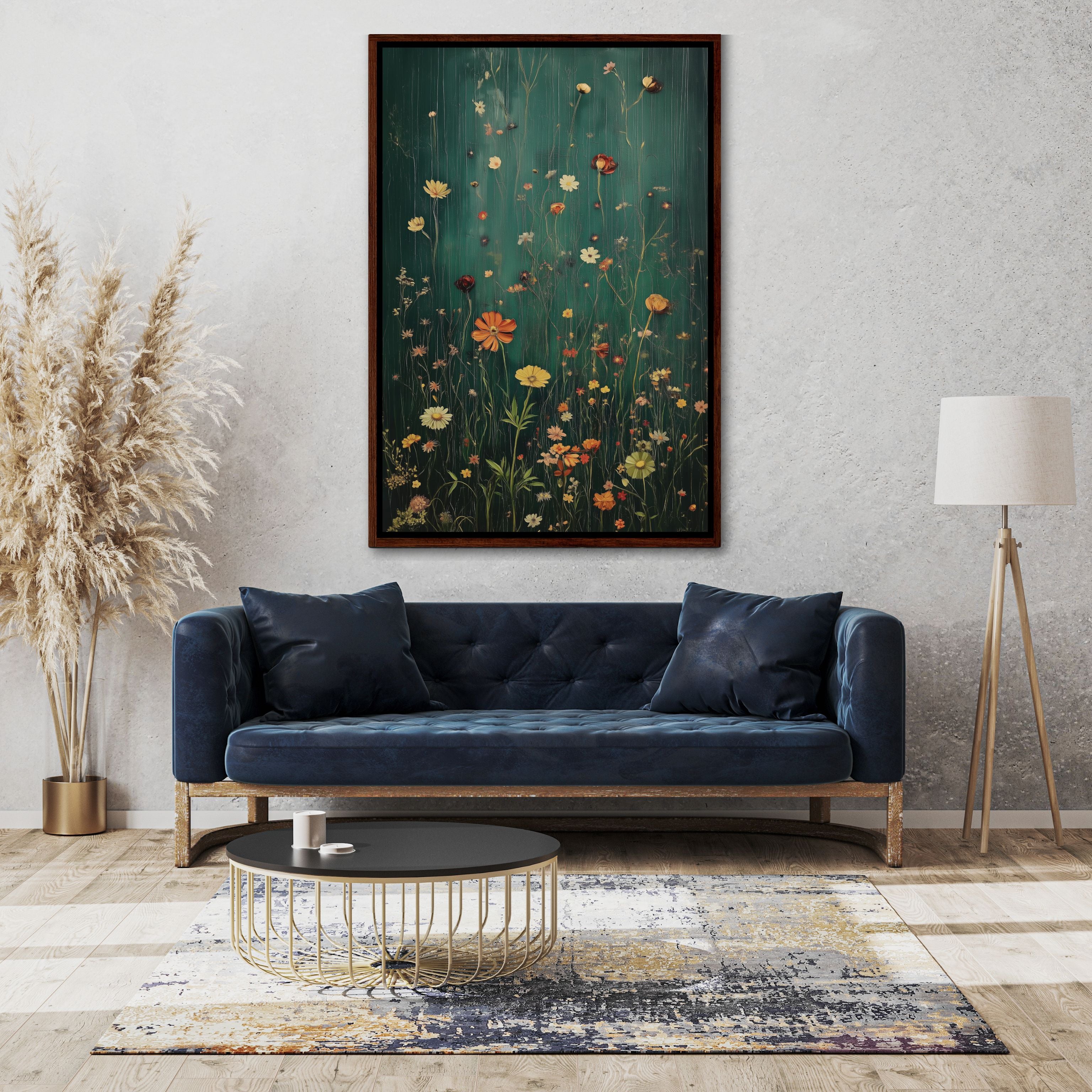 Framed Canvas Wall Art With Wildflowers in Dark Green