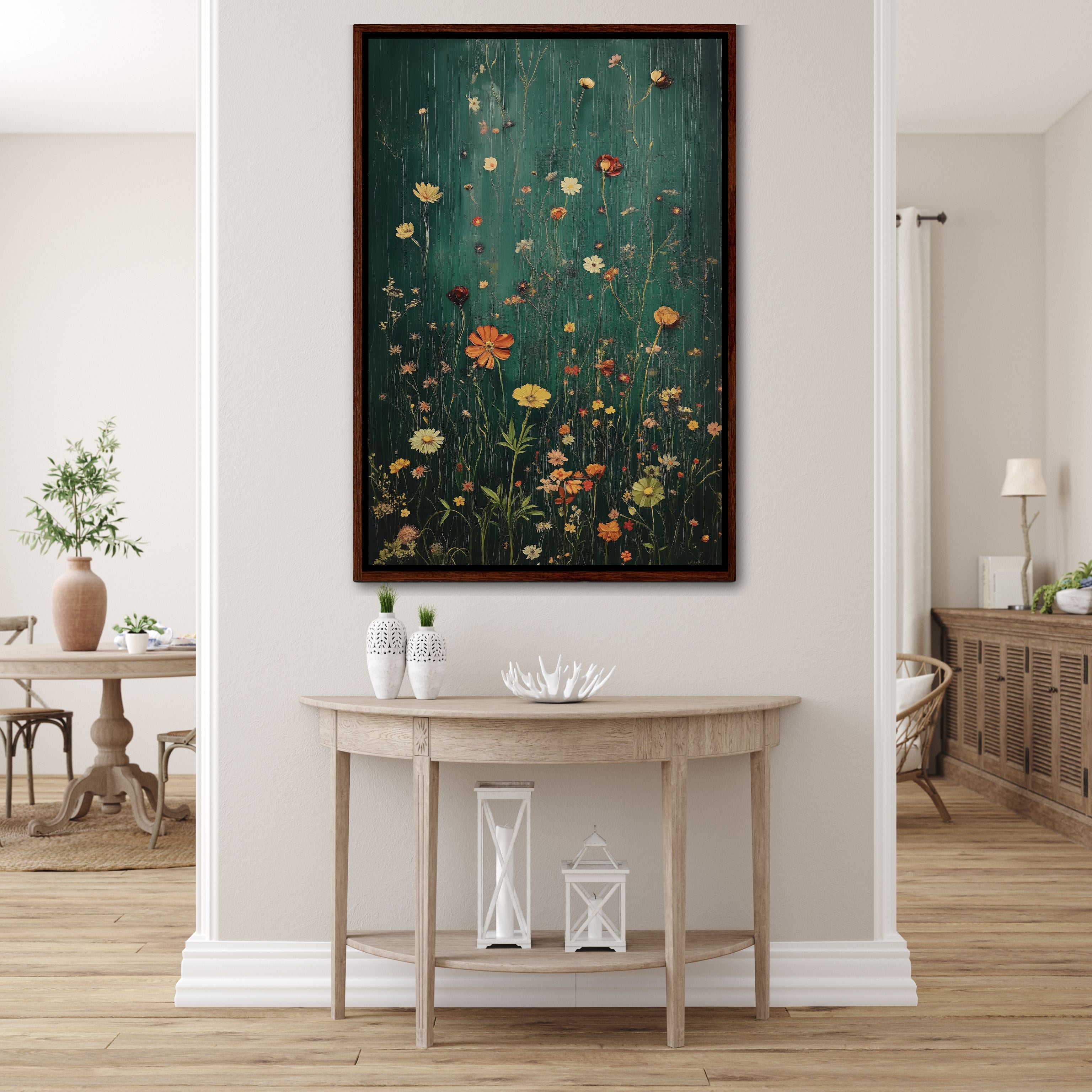 Framed Canvas Wall Art With Wildflowers in Dark Green