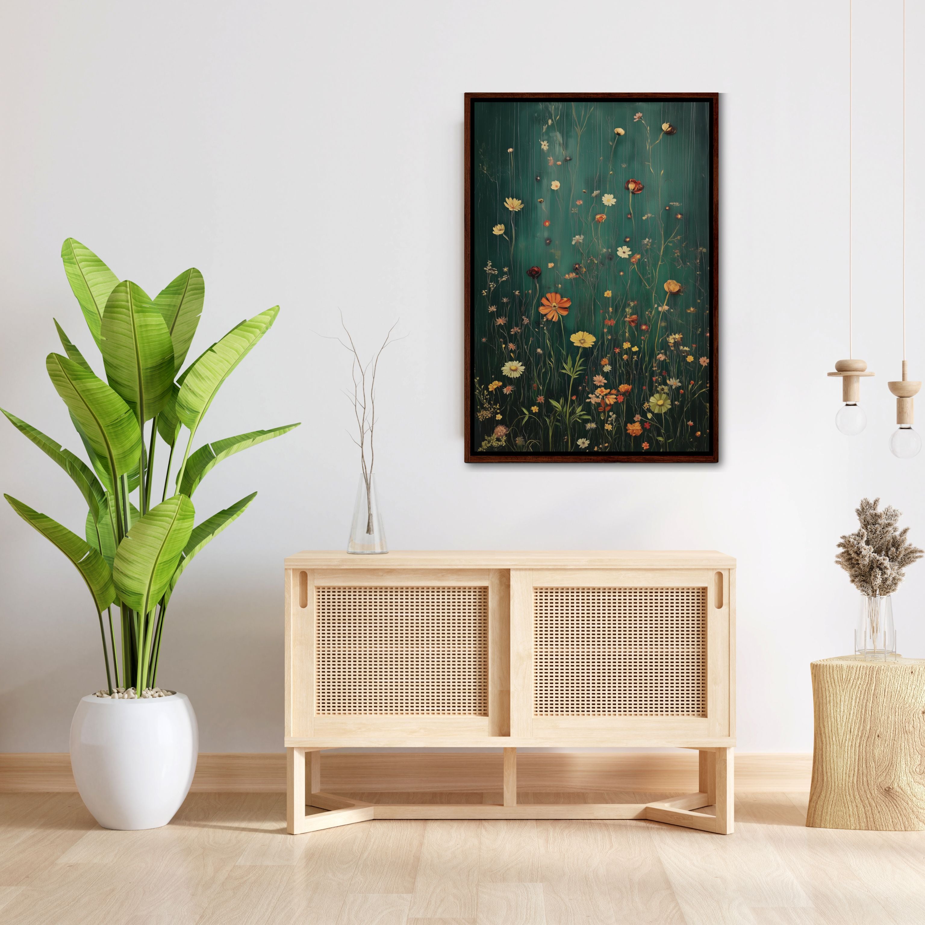 Framed Canvas Wall Art With Wildflowers in Dark Green