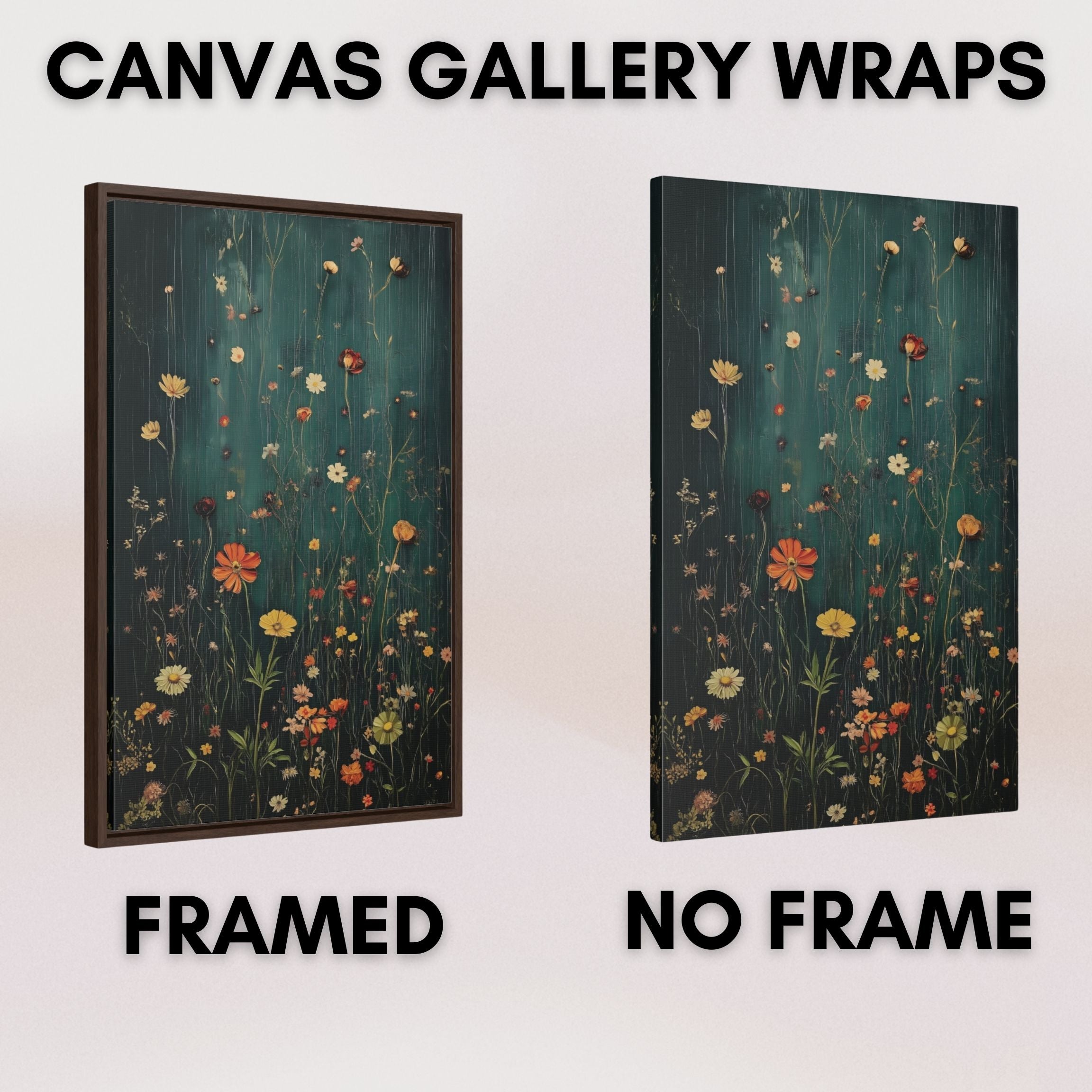 Framed Canvas Wall Art With Wildflowers in Dark Green