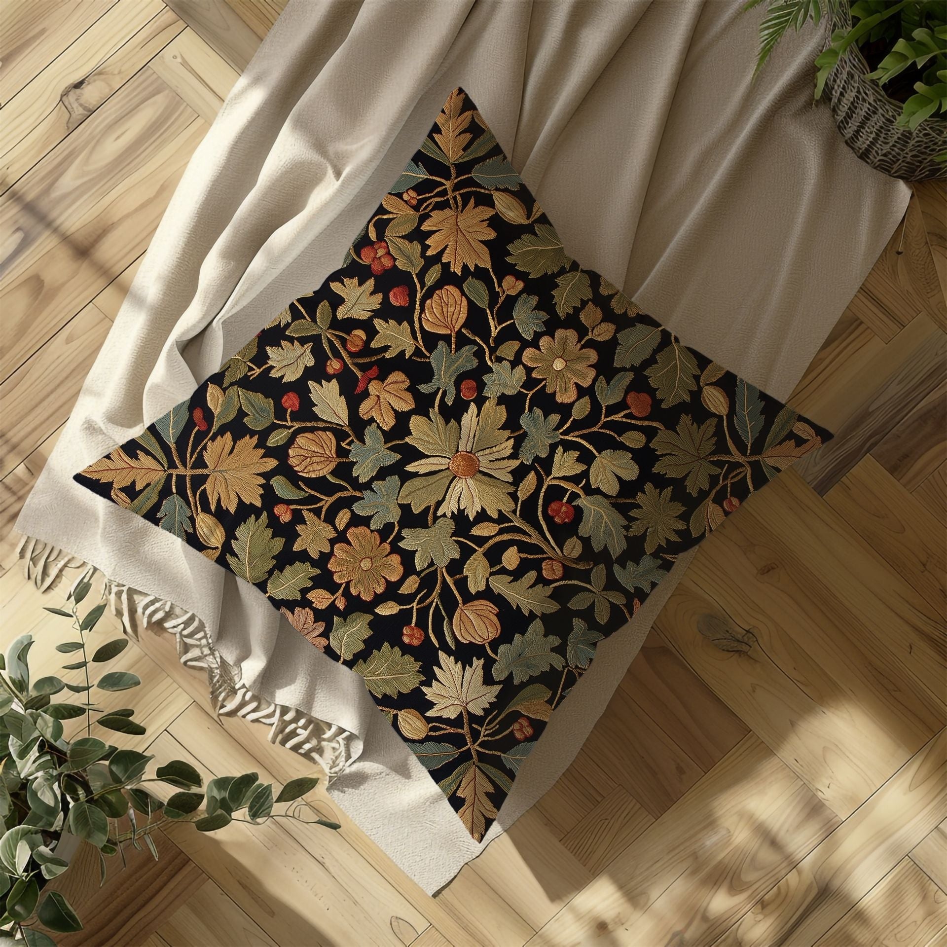 Autumn Elegance: Cozy Floral Pillow Cover with Gold & Olive Accent