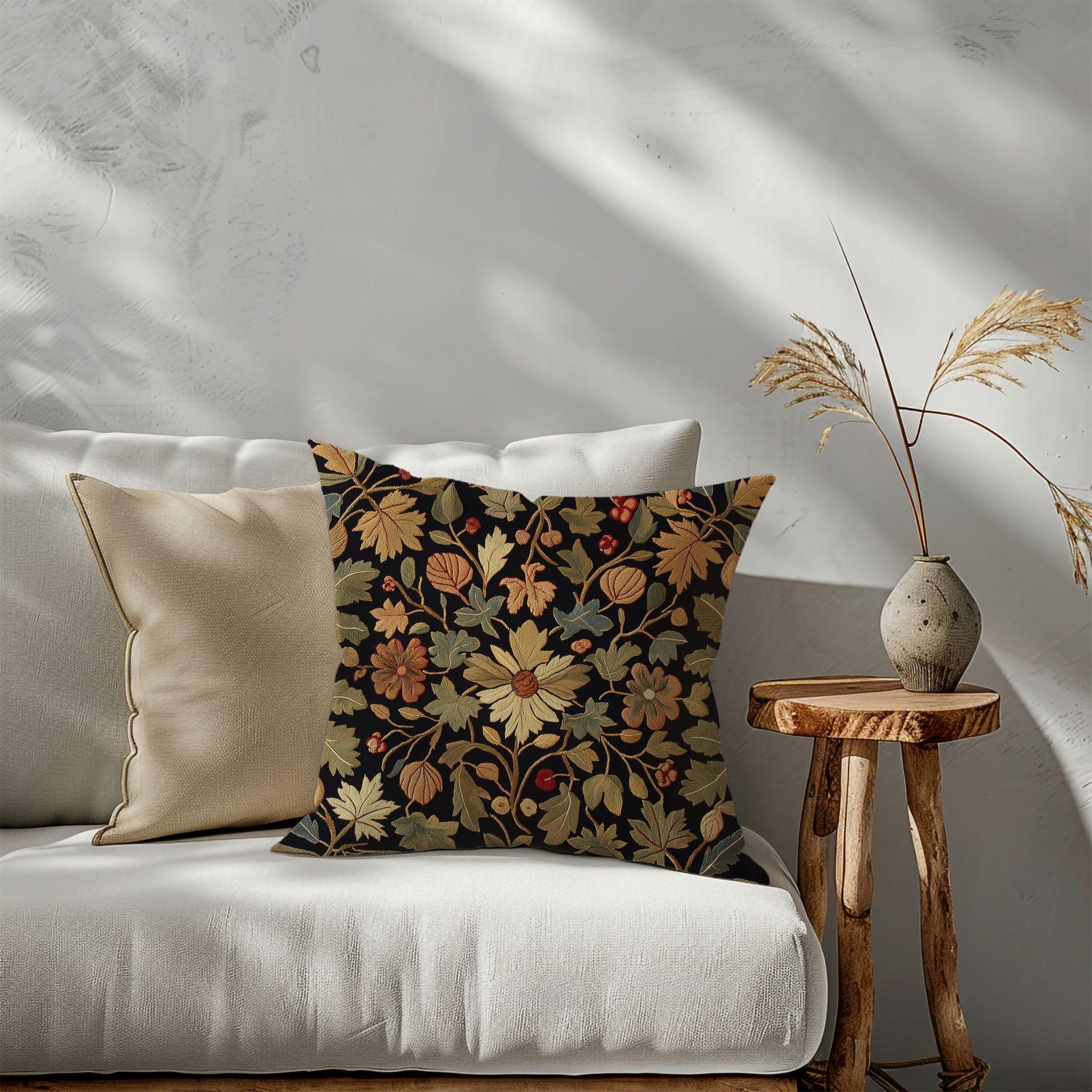 Autumn Elegance: Cozy Floral Pillow Cover with Gold & Olive Accent