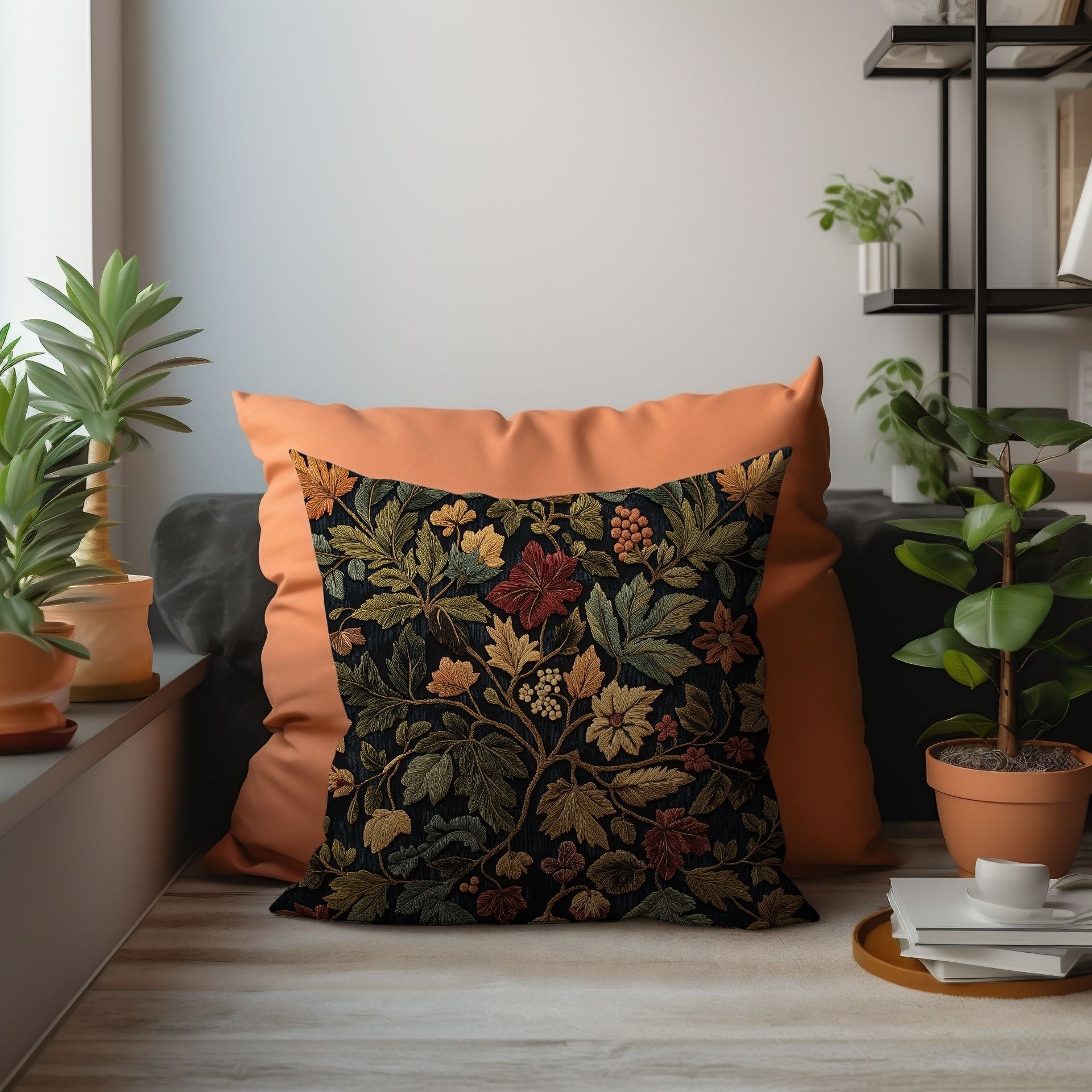 Enchanted Autumn: Cozy Botanical Pillow Cover with Green & Gold Accents