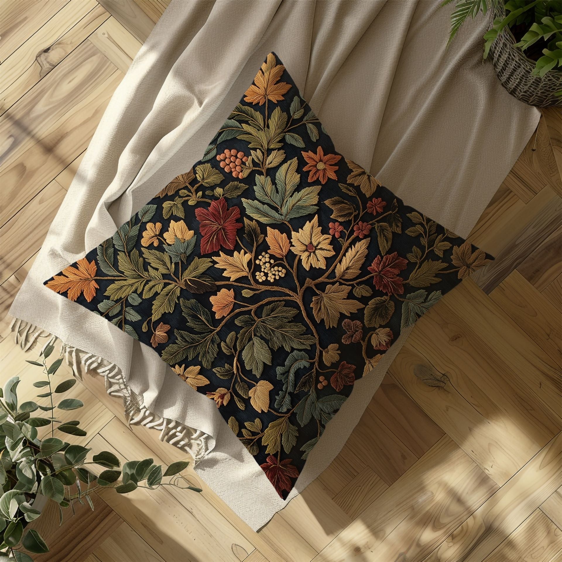 Enchanted Autumn: Cozy Botanical Pillow Cover with Green & Gold Accents