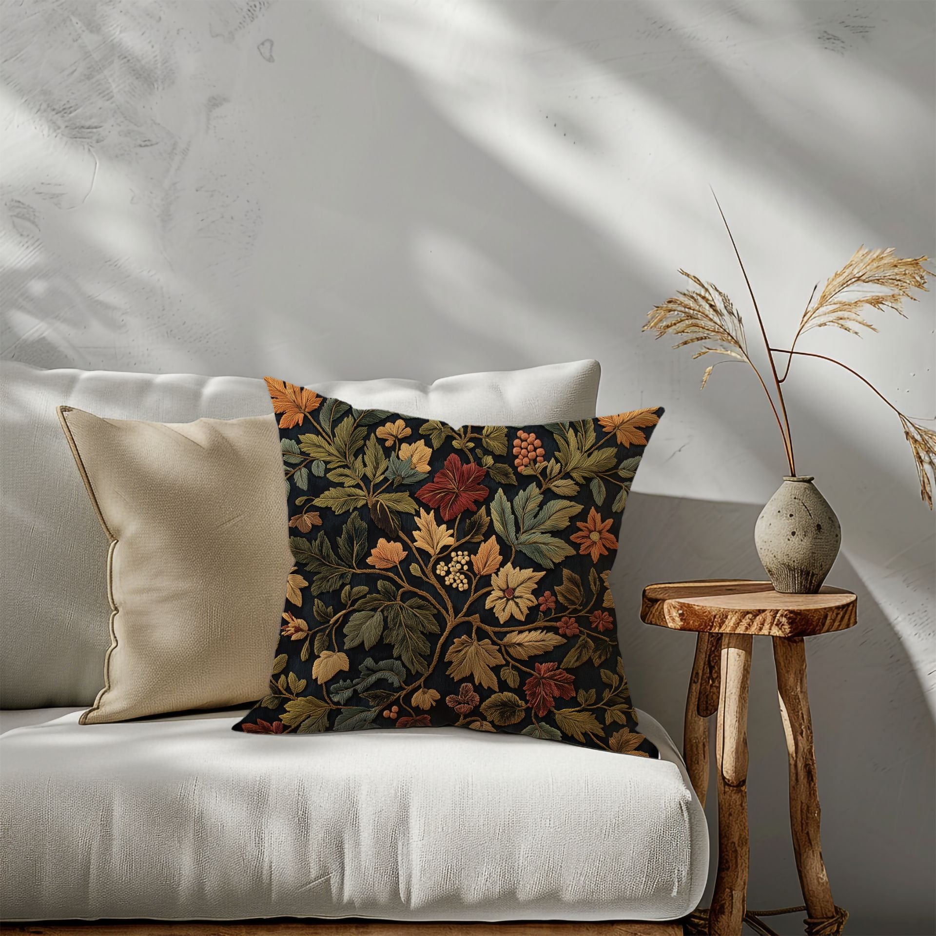 Enchanted Autumn: Cozy Botanical Pillow Cover with Green & Gold Accents